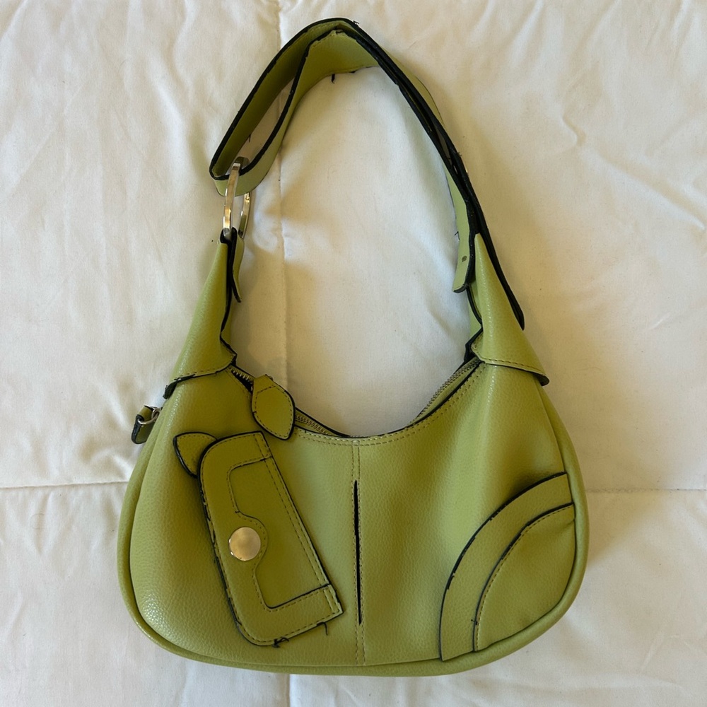 Y2K Olive Green Structured Shoulder Bag w Snaps and Zipper Details